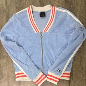 Champion Sky Blue Zip-Up Jacket with Orange and White Stripes